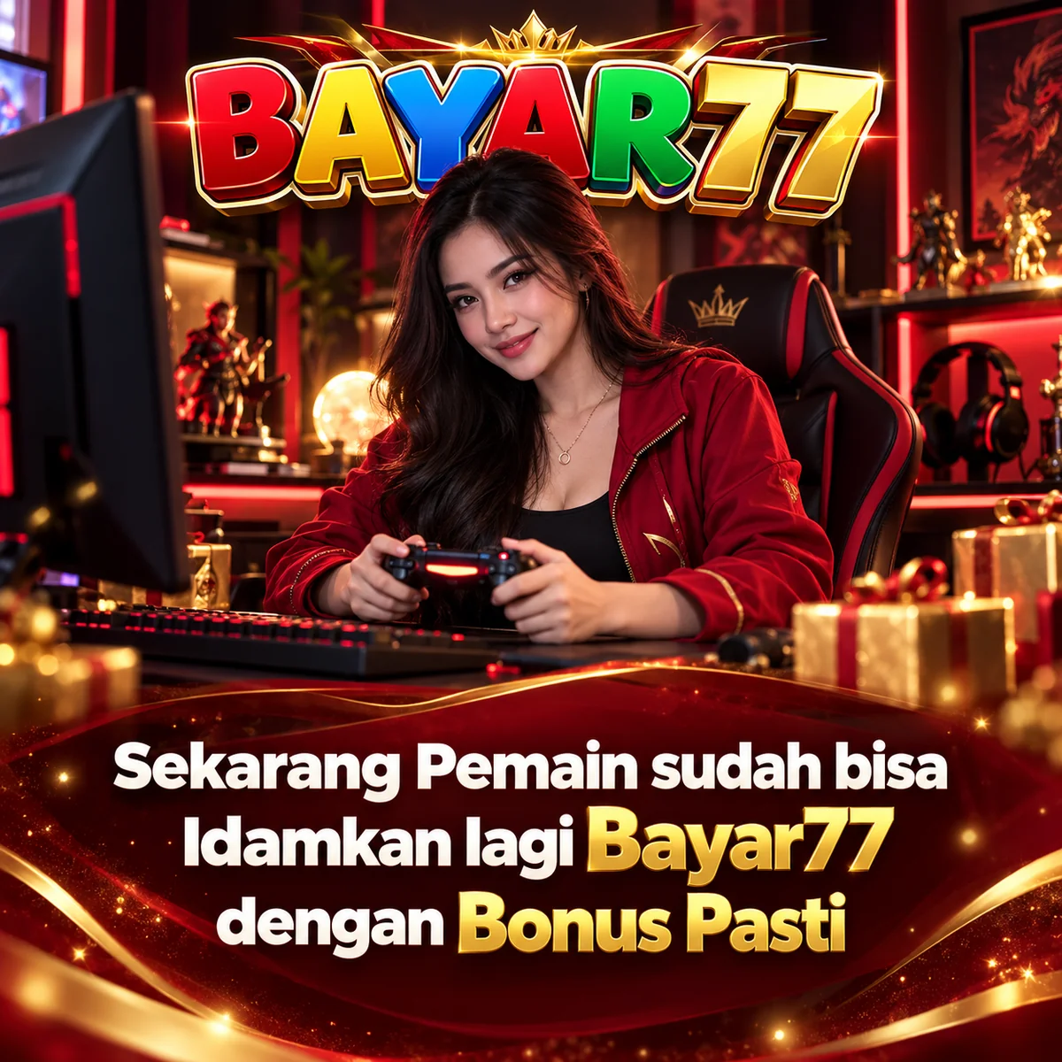 Poster Bayar77: pemain game di ruang bernuansa merah dan emas dengan judul Bonus Pasti